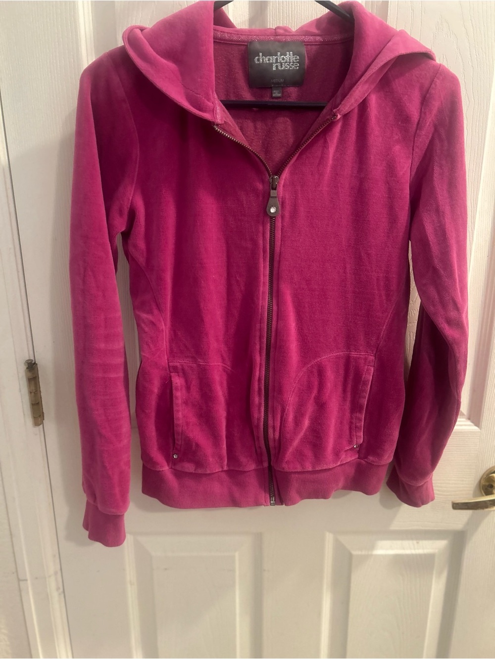 Charlotte Russe Hot Pink Velour Zip-Up Hoodie Jacket w/diamonds accents S/med.
